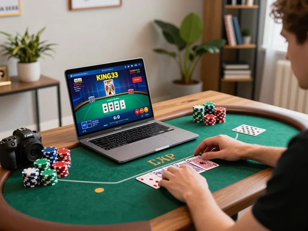 Player enjoying king33 online poker with vibrant chips and strategic focus in a cozy gaming setup.