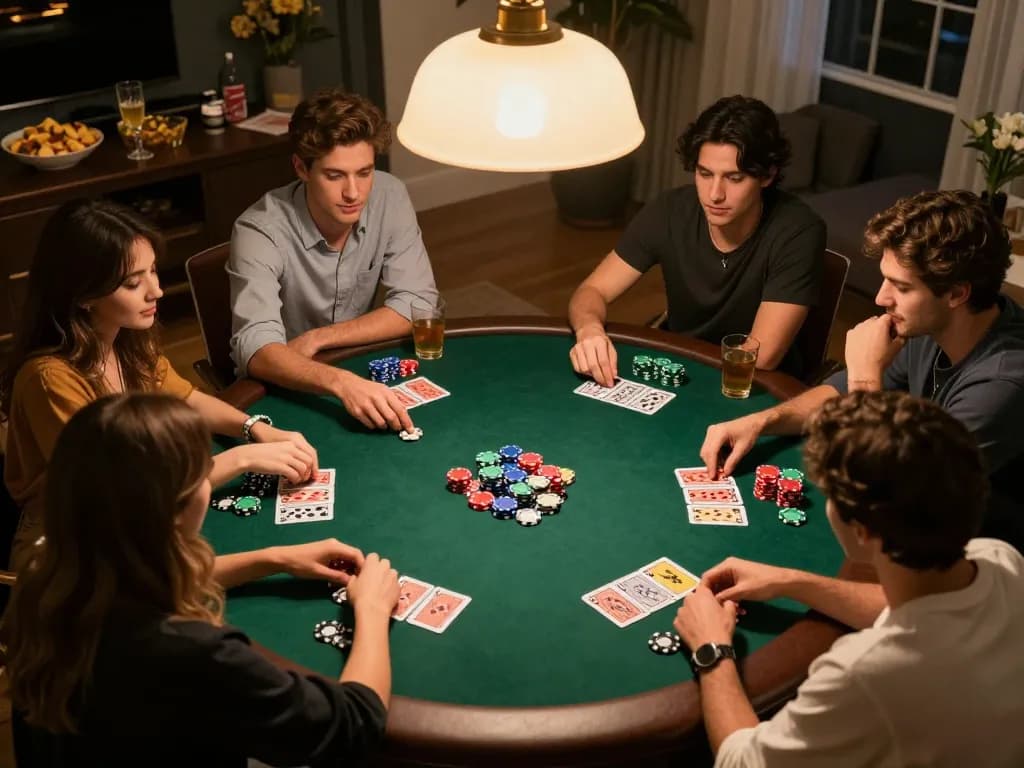 Friends enjoying a lively poker night at home, showcasing strategic gameplay and camaraderie at tt88.