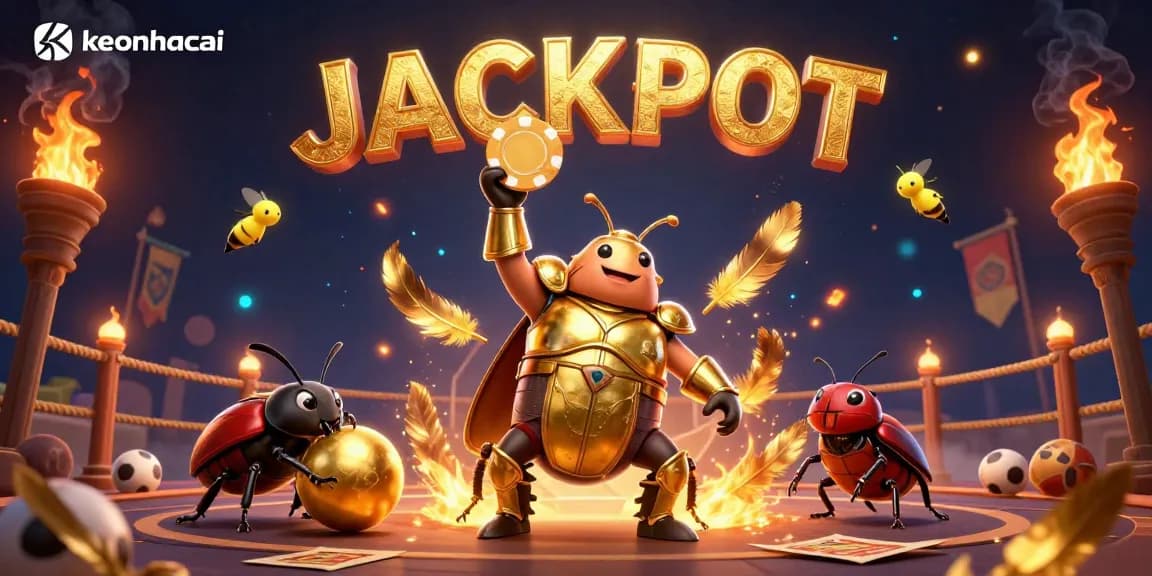Celebrate victories with keonhacai as a heroic beetle lifts a poker chip, surrounded by betting elements.