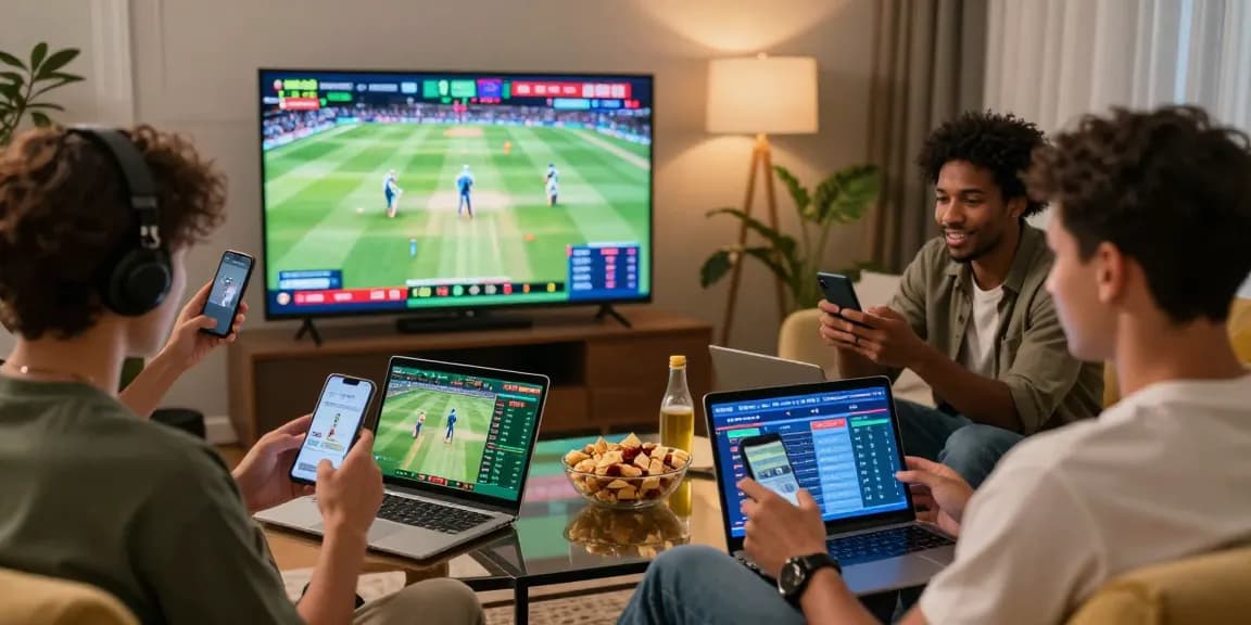 Fairplay24 online betting scene with friends enjoying live cricket and making sports bets in a lively living room.