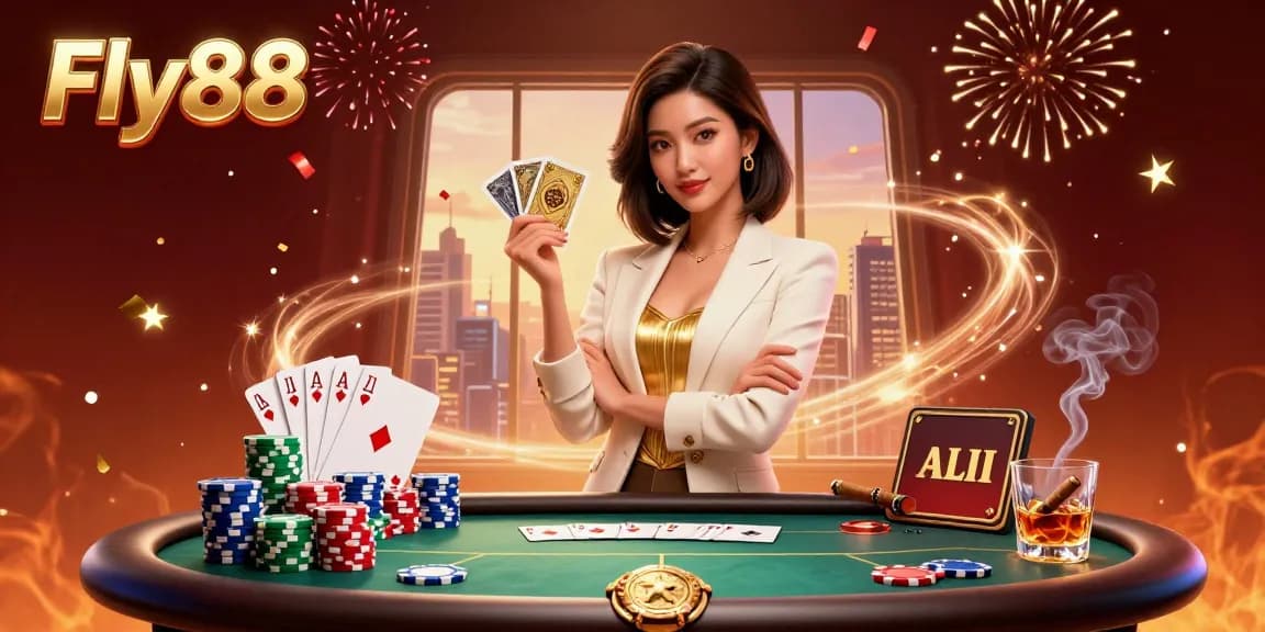 Engage in thrilling poker with Fly88's glamorous casino scene showcasing powerful gameplay.