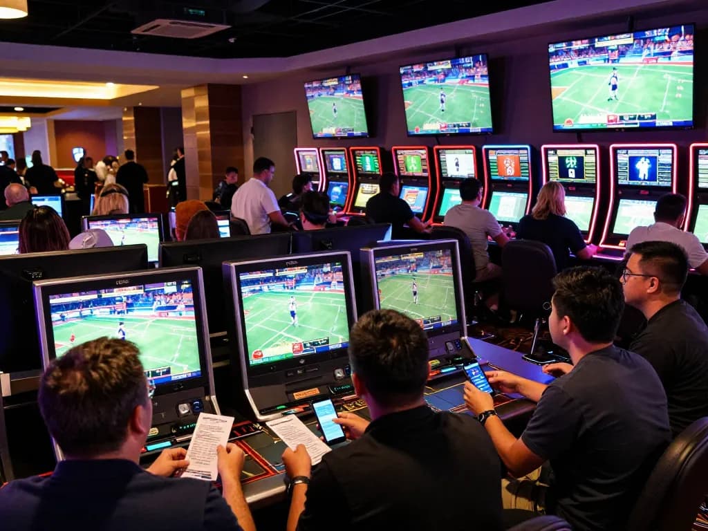 UGDEWA betting excitement as gamblers place wagers in a lively sports betting area with screens showing live events