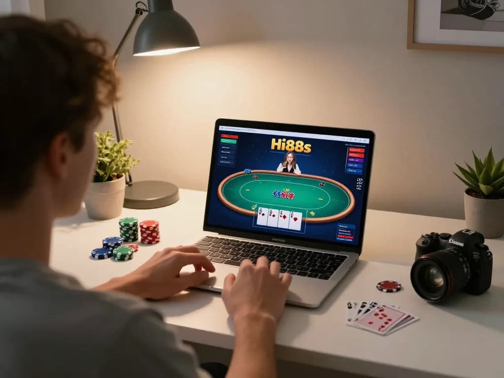 Player engaged in poker game on Hi88s platform from home with chips and laptop.
