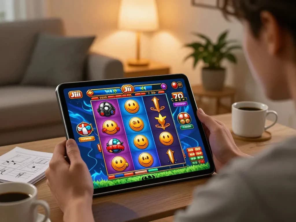 Engaging in Jili games on a tablet while enjoying a cozy home atmosphere, highlighting strategic focus and relaxation.