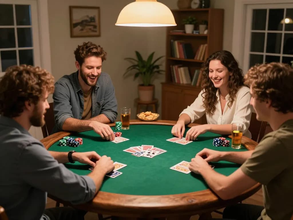 Engaging poker night scene showcasing friends playing strategically for free credit mega888.