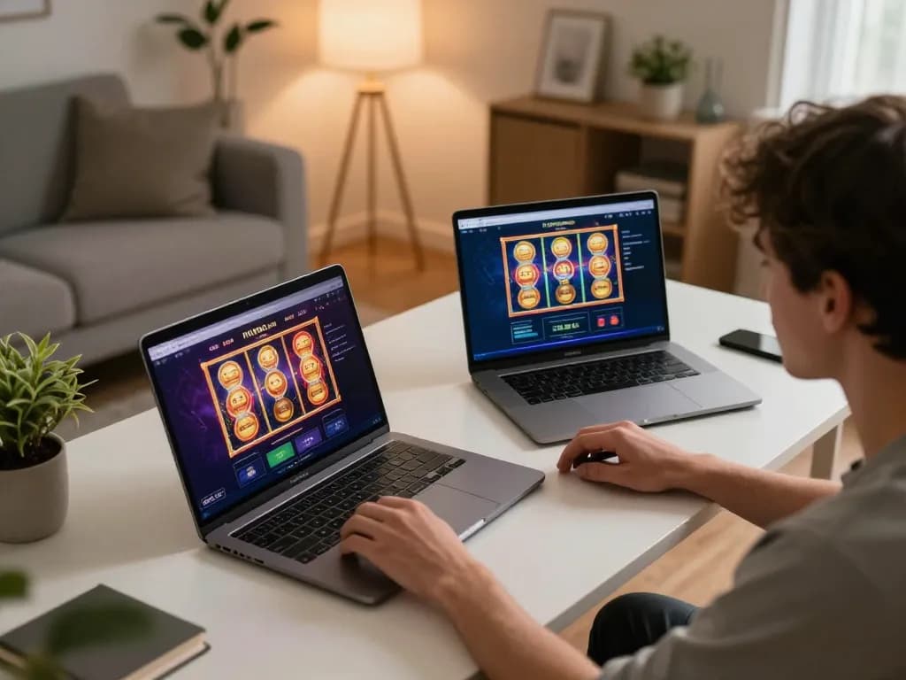 Engaging with BK8 online casino on a laptop in a cozy home setting, showcasing vibrant gameplay.