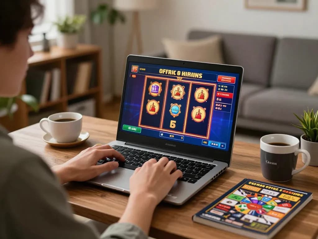 Tg88 player engaging in online casino gaming at home, showcasing vibrant slot game interface.
