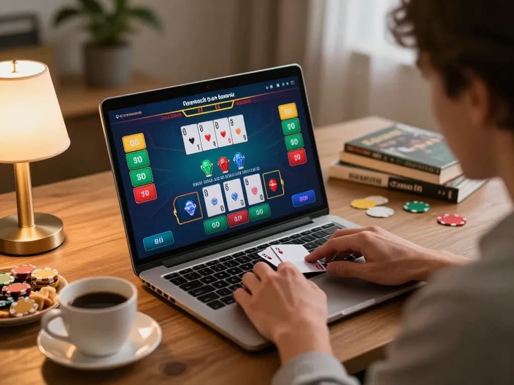 Player enjoying nk88 blackjack game on laptop, showcasing engaging online gambling experience in cozy home.