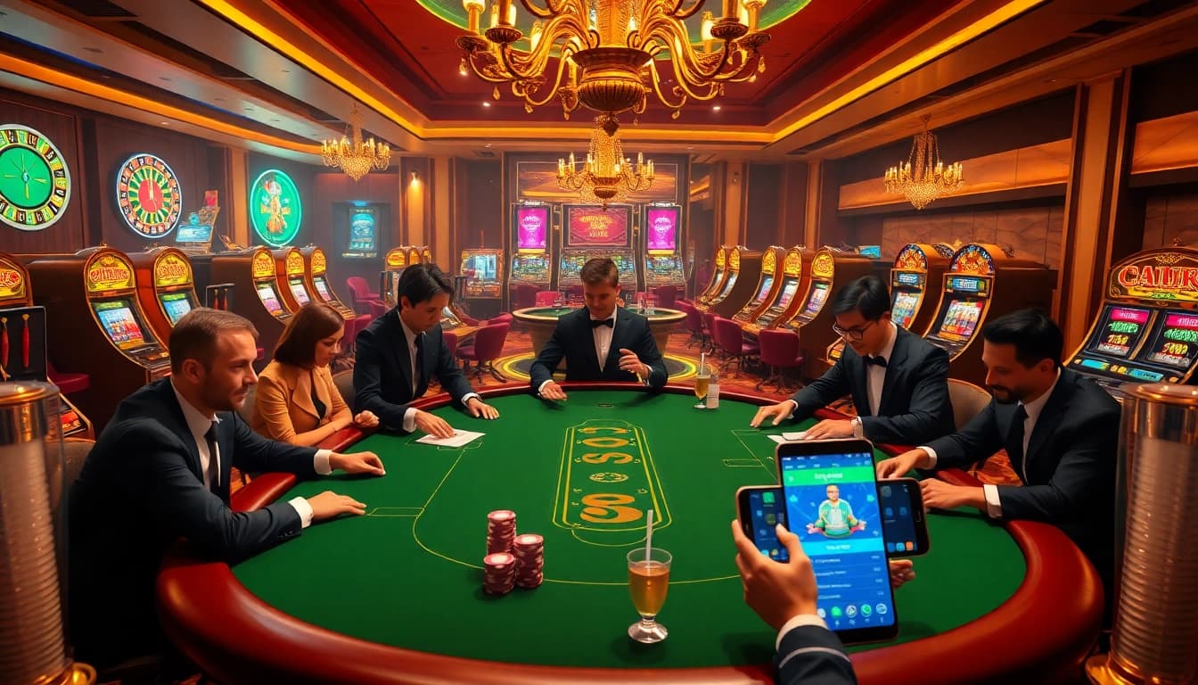 S8 nhà cái attendees enjoy immersive casino games at a luxury poker table amidst slot machines and roulette wheels.