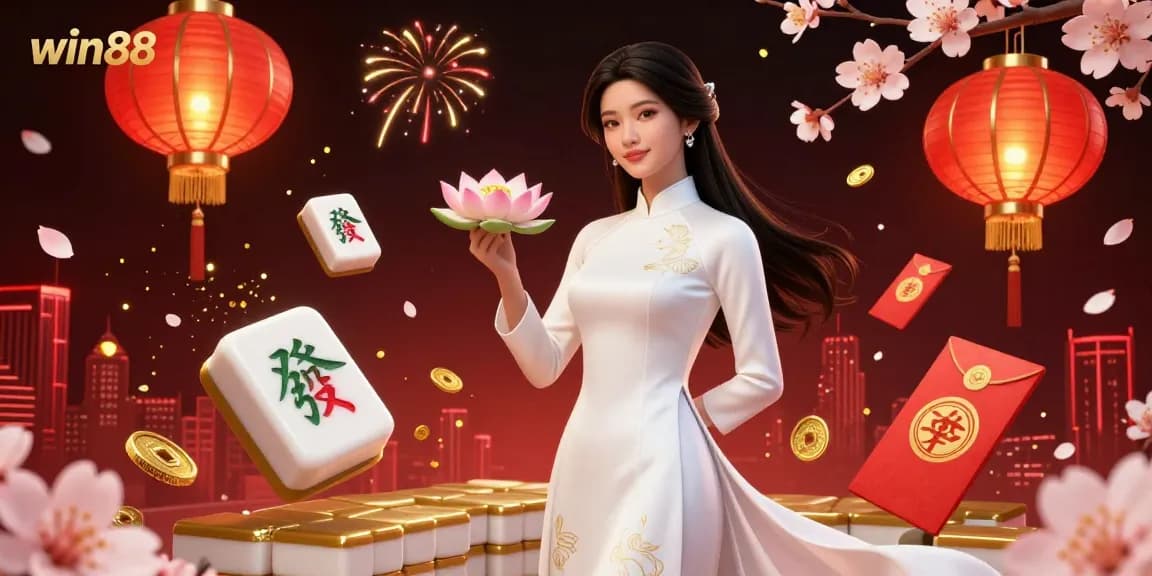 Experience thrilling gameplay at win88 with a captivating scene of an elegant Asian woman amidst cherry blossoms and dynamic gambling elements.