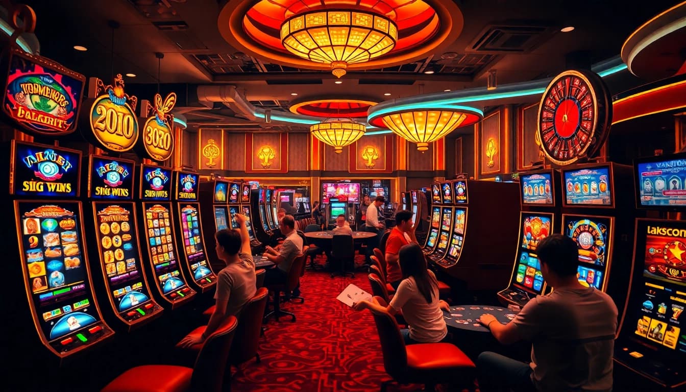 Players experiencing the excitement of slot gacor at a luxurious casino, surrounded by vibrant machines and ambiance.
