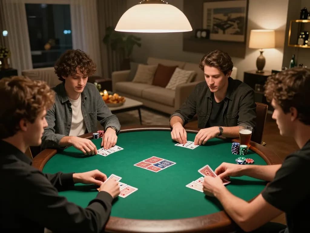 Exciting poker game at home with friends, representing nhà cái 388bet's competitive spirit and strategy