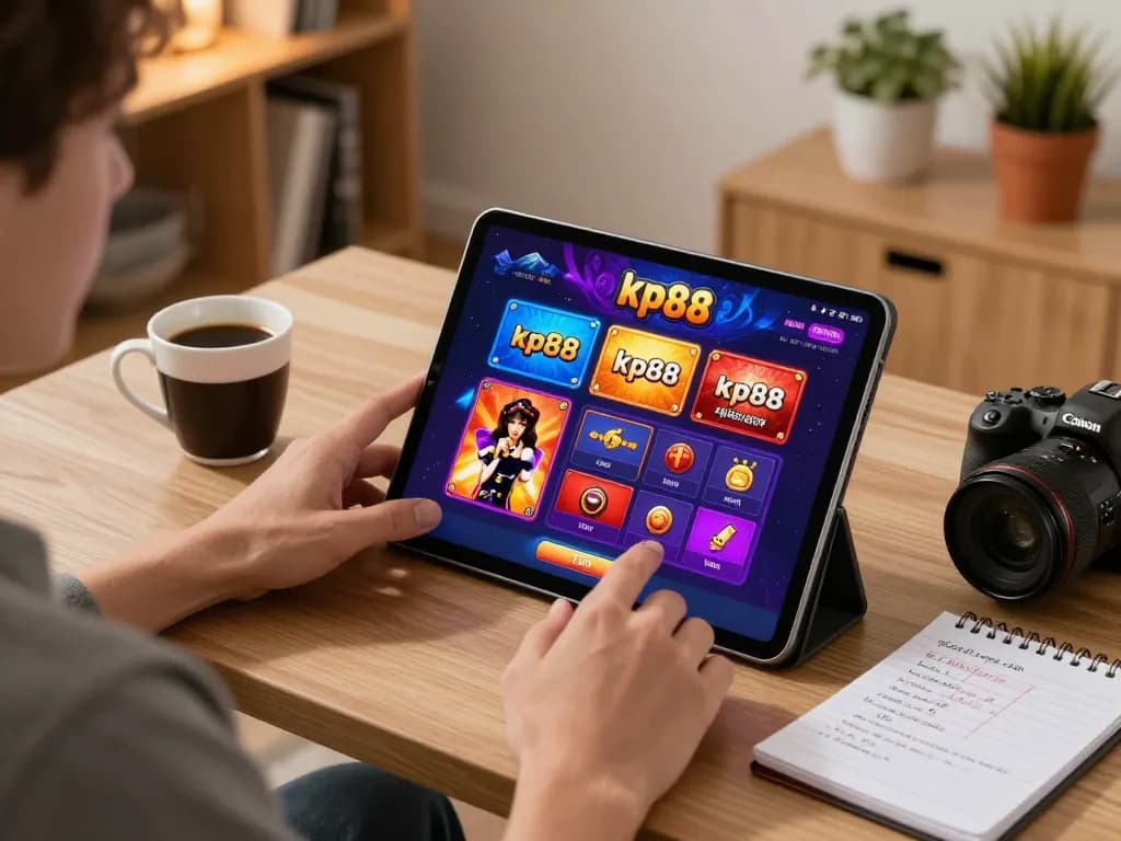 Engaging with the kp88 casino app on a tablet, showcasing a modern online gaming setup.