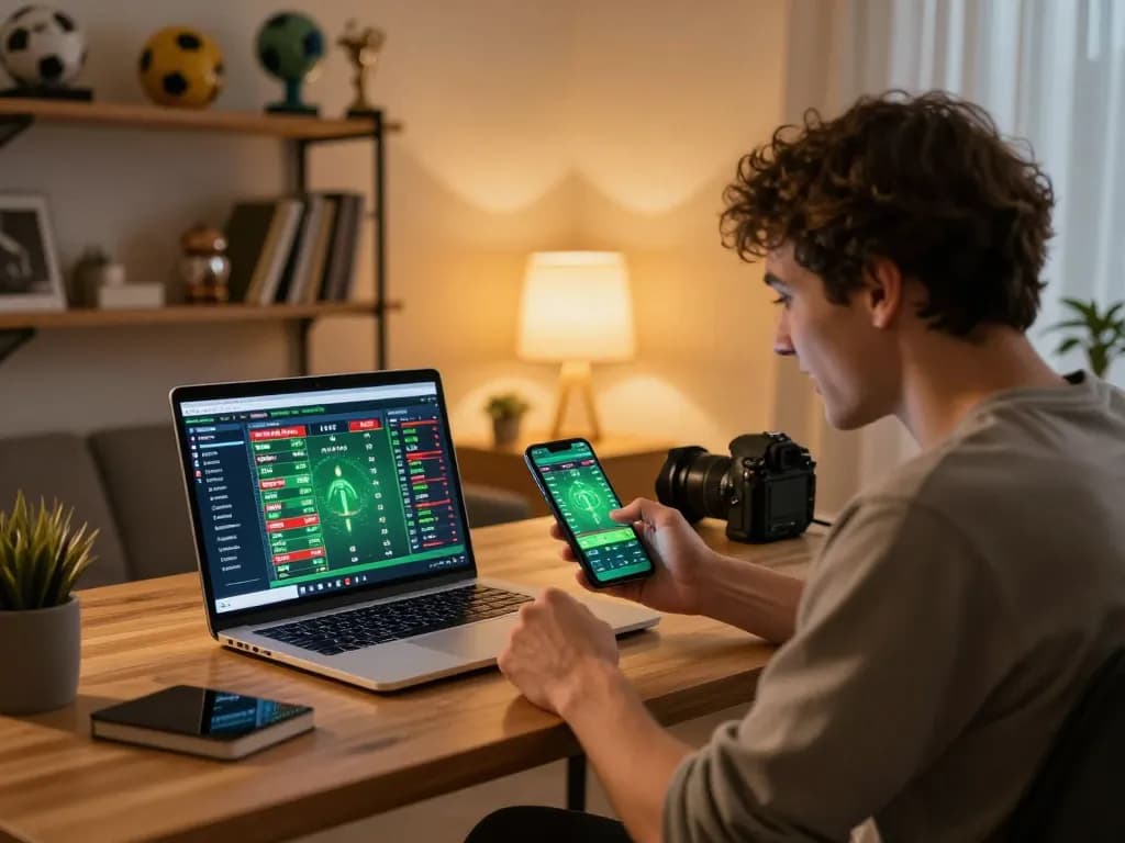 Soi Kèo sports betting app on smartphone showing live odds and matches, excited user in stylish home office