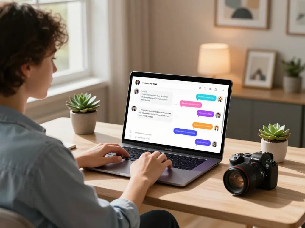 Interactive scene depicting a user engaged in AI sex chat, showcasing an advanced chatbot interface highlighting personalized conversation options in a cozy home office.