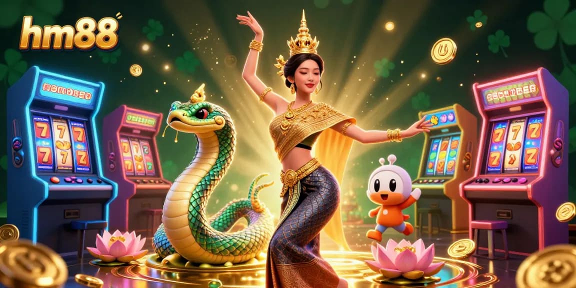 Engage in exciting gaming with hm88, featuring a stunning Thai dancer and vibrant casino elements.