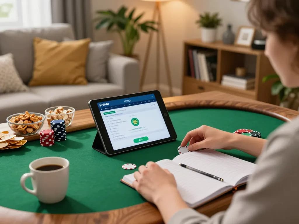 Player enjoys poker on the W4U app in a cozy home setting, showcasing casual online gaming