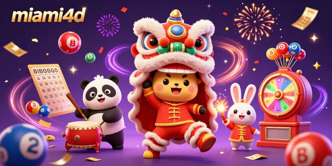 Engaging scene of miami4d featuring a lively lion dance amid bouncing lottery balls and casino elements.