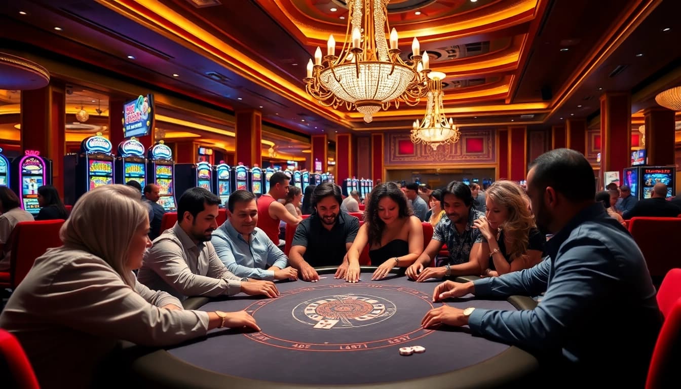 Experience the thrill of gaming at w88cas.com with players enjoying poker at a luxurious casino.