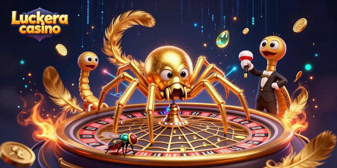Place bets at Luckera casino with a golden spider and centipede croupier in a vibrant 3D scene.
