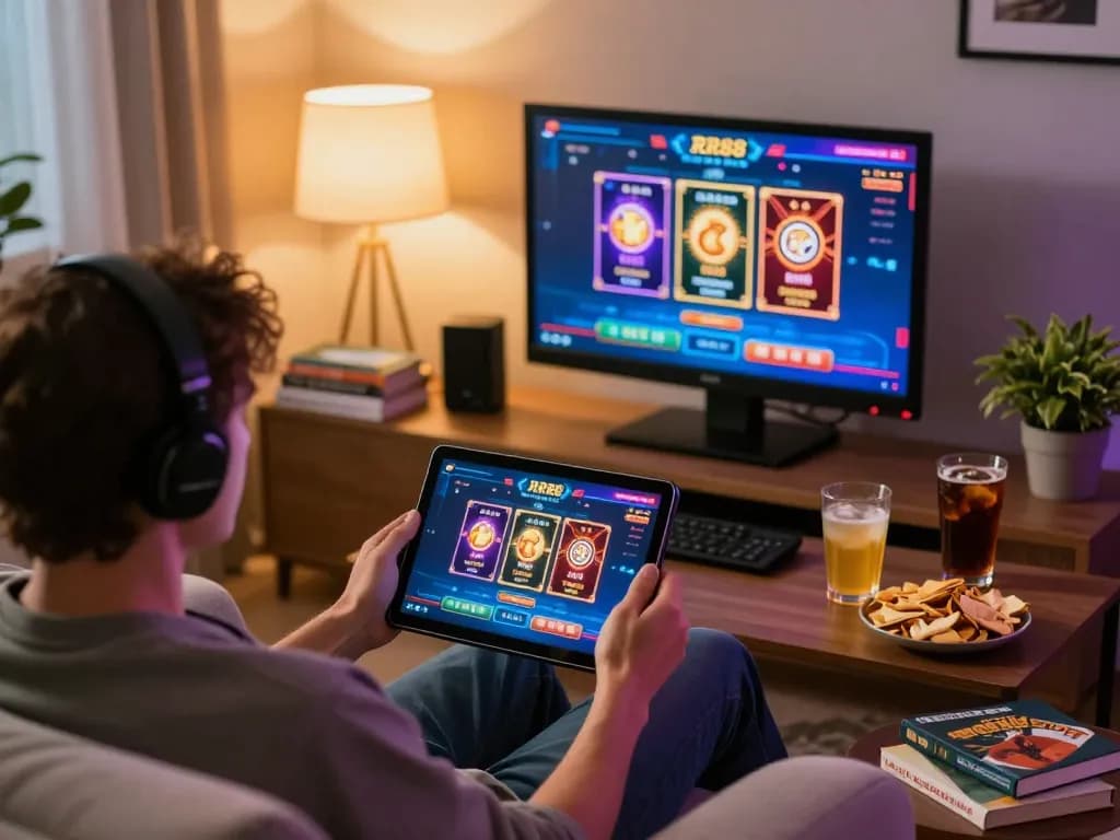 Engaging user enjoying a responsible gambling experience on RR88 casino platform using a tablet in a cozy home setting.