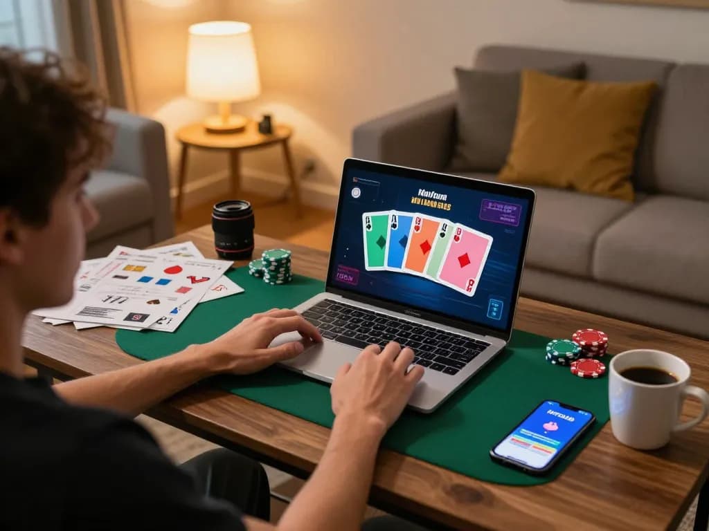 Engaged player enjoying poker on the hitclub app at home, with vibrant gaming setup and cozy atmosphere