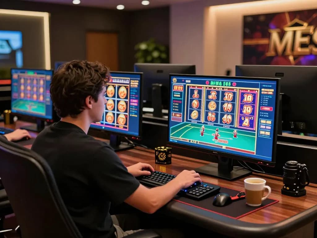 hello88 engaging online player at a sleek desk with multiple casino games on screens