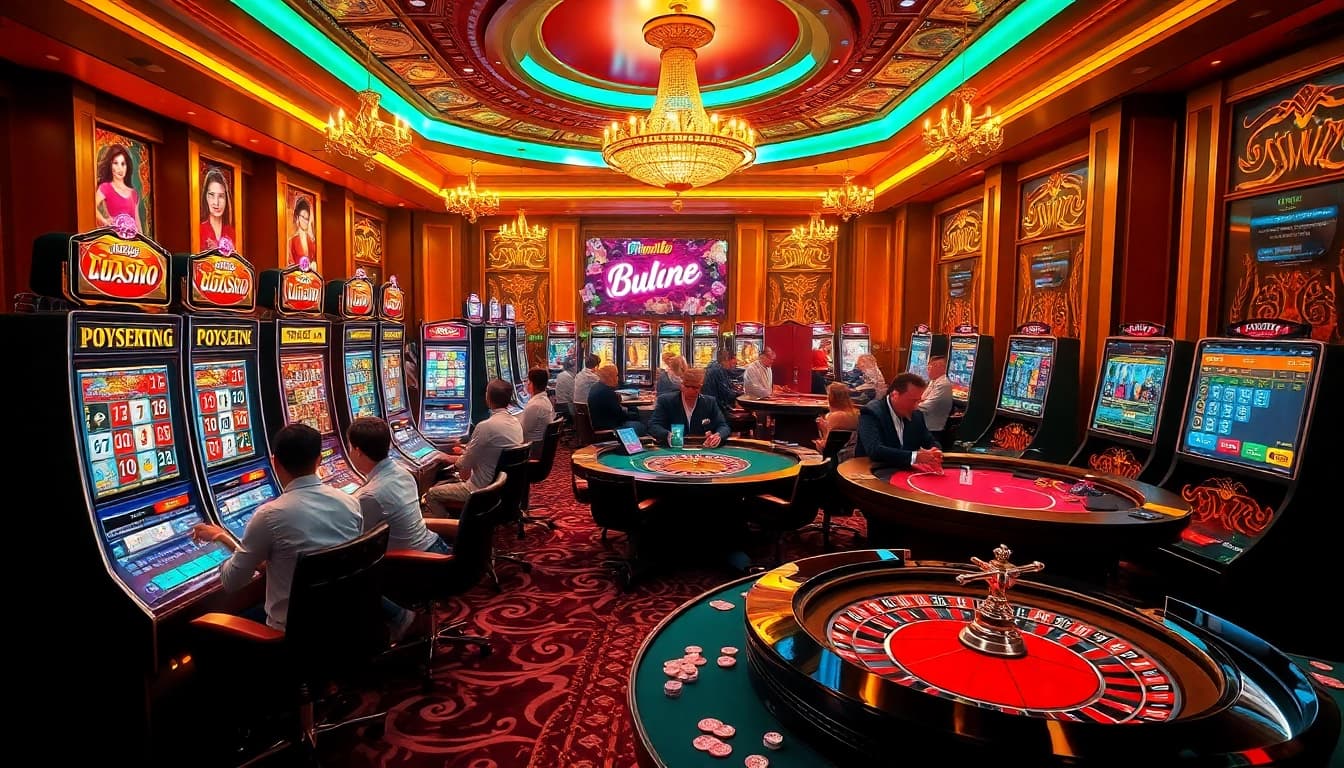Engaged players enjoying amanahtoto slot games in a luxurious casino environment.