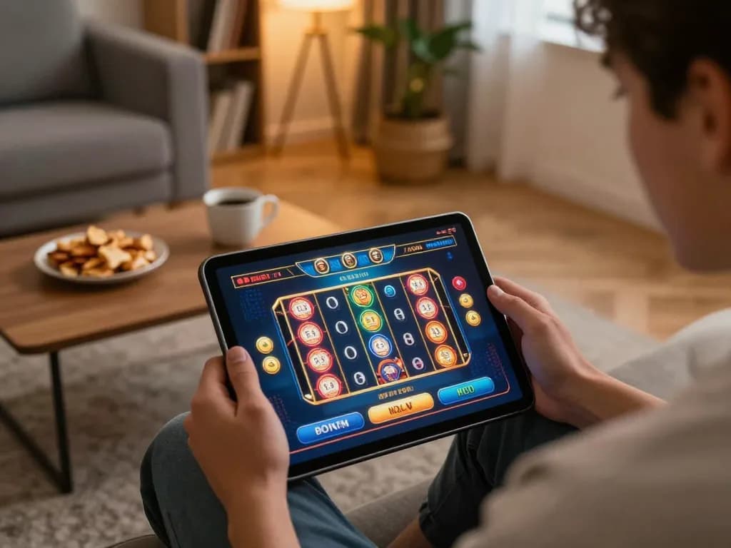 Engaging with nego77 from home, a player enjoys casino gaming on a tablet while surrounded by snacks.