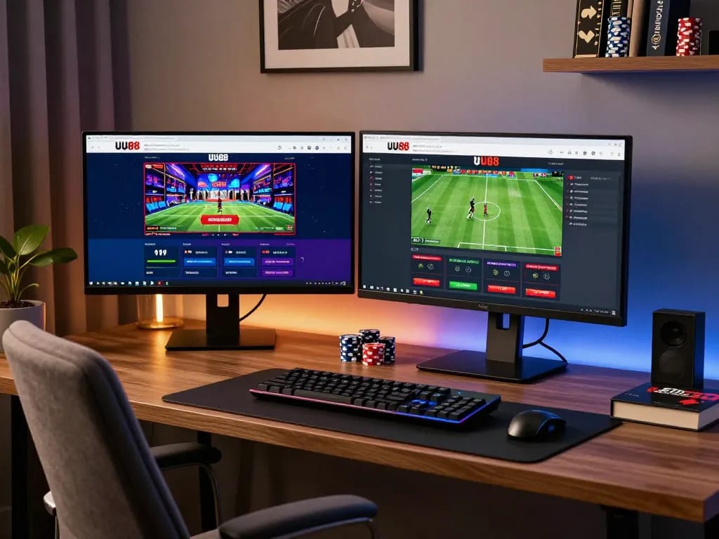 An engaged player using the UU88 platform for online gaming, showcasing a professional gaming setup.