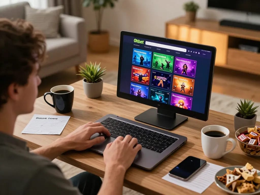 Playing games on Oxbet in a cozy home setting, showcasing laptop interface and gaming ambiance