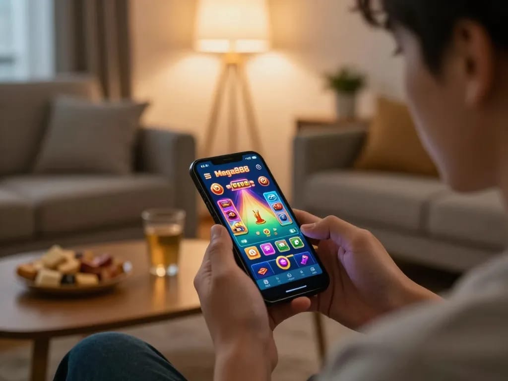Engage in exciting gameplay with the download mega888 app on your smartphone in a cozy setting.