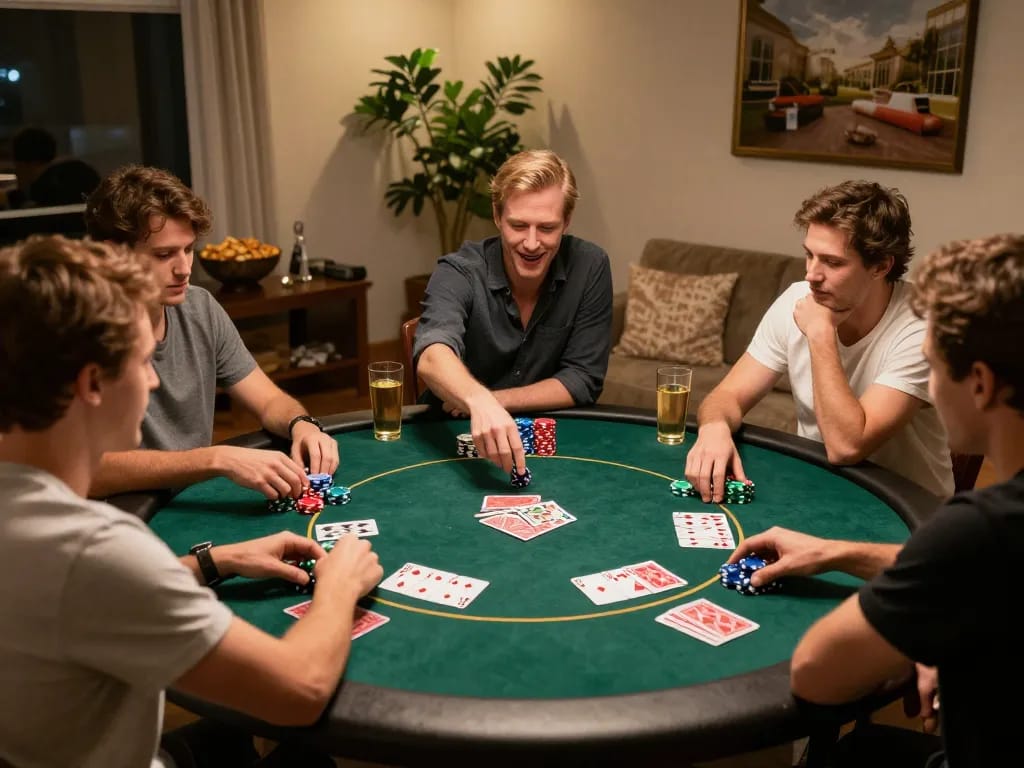F8BET players enjoy a lively poker game at home, showcasing chips, cards, and excitement.
