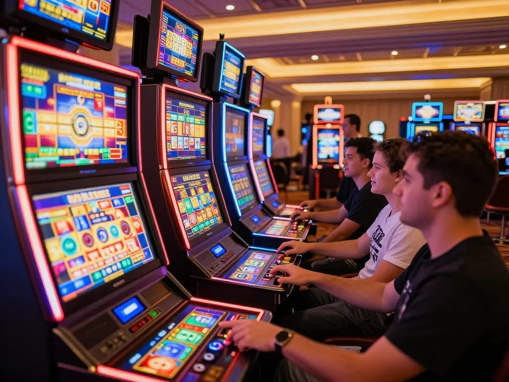 Players engaged with colorful slot machines, pressing spin buttons in a lively casino atmosphere