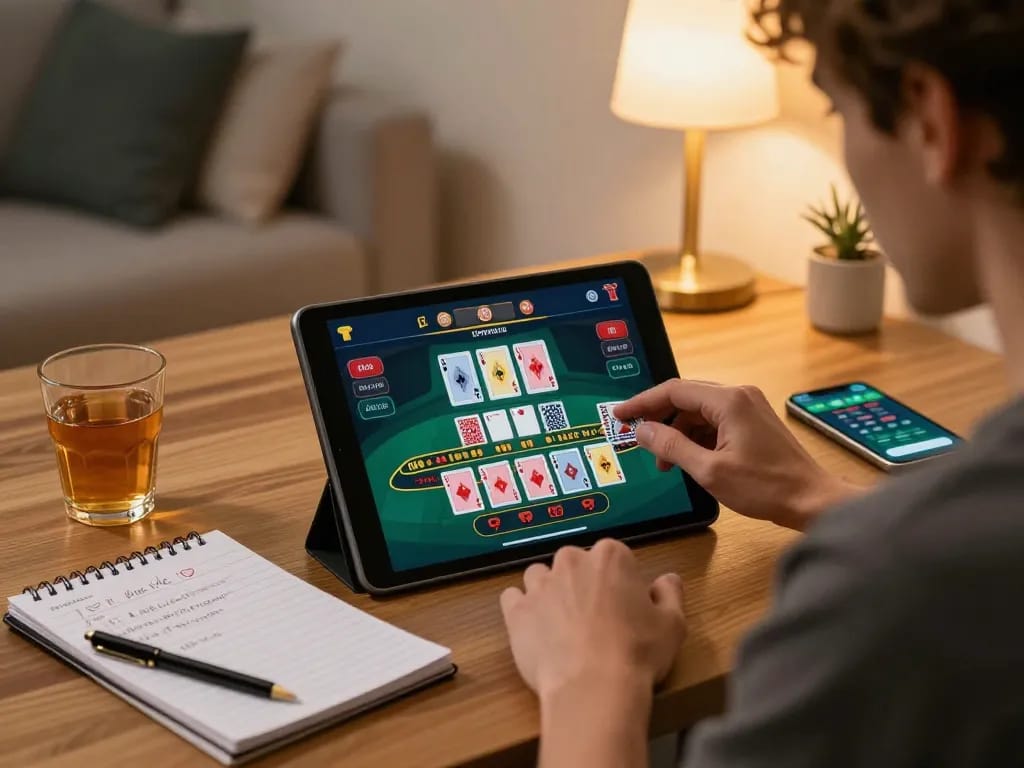 Situs ulat123 gameplay featuring a user focused on a blackjack game on tablet, cozy home environment
