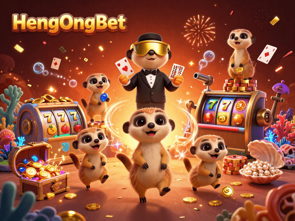 Engage with HengOngBet's lively casino scene featuring meerkats as casino characters amidst vibrant slot elements.