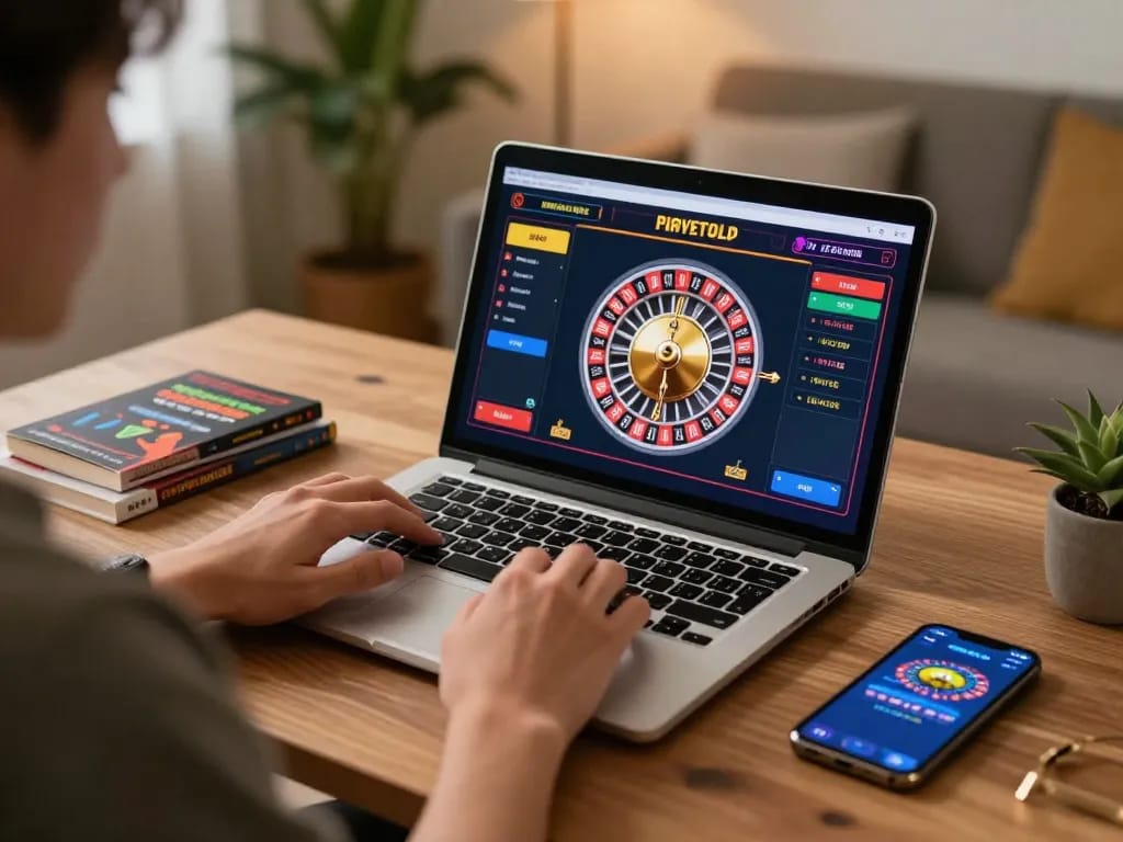 Player engaging in online roulette on dh88, with cozy home office setting enhancing the gaming experience.