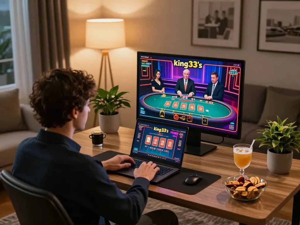 Engaged player using king33 for live dealer casino games at home, showcasing online gaming excitement.