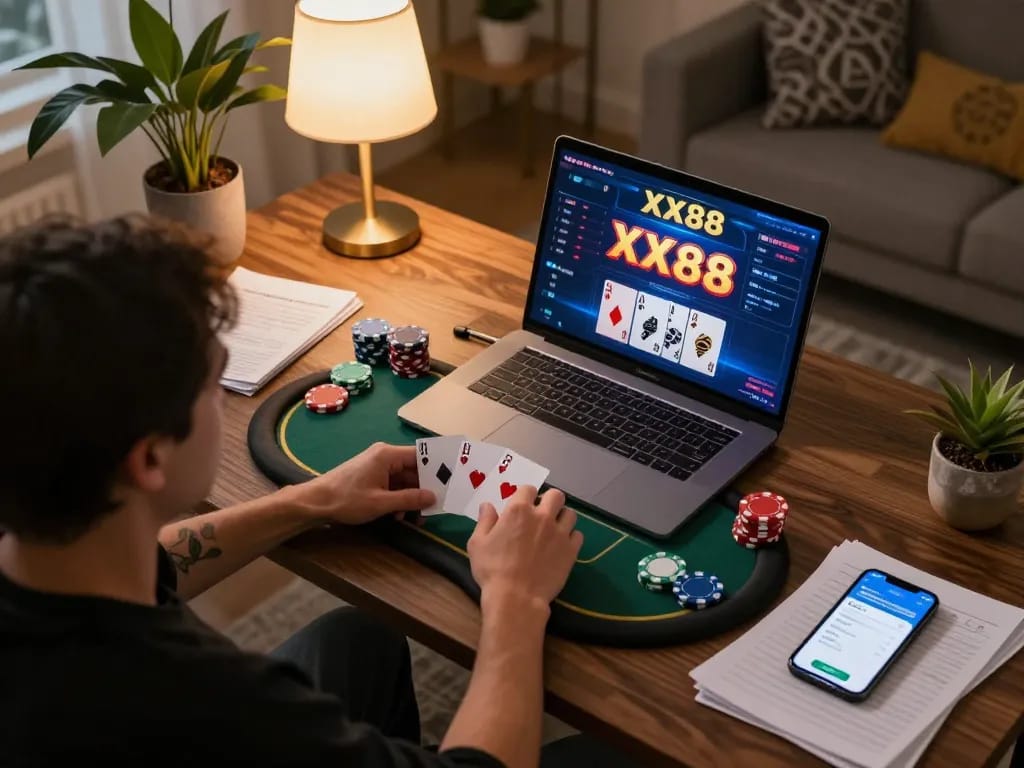 Engaging in exciting online poker at XX88, showcasing modern setup with strategy notes and laptop screen.