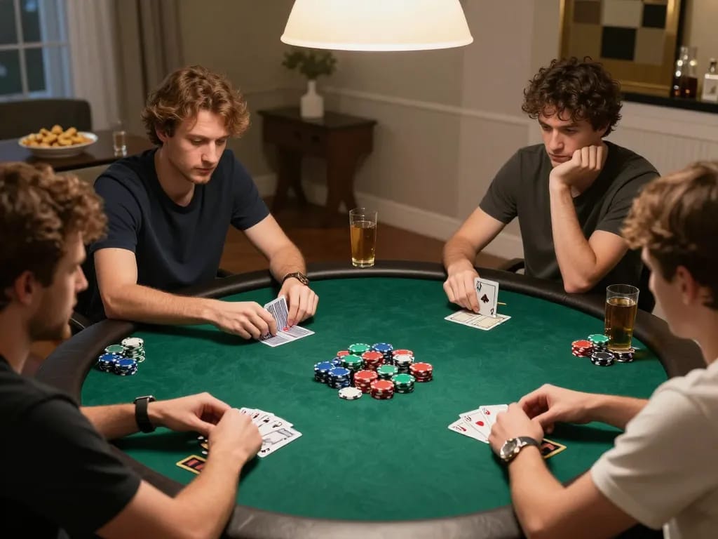 C168 players actively engaging in a strategic poker game at home, showcasing chips and focused expressions.
