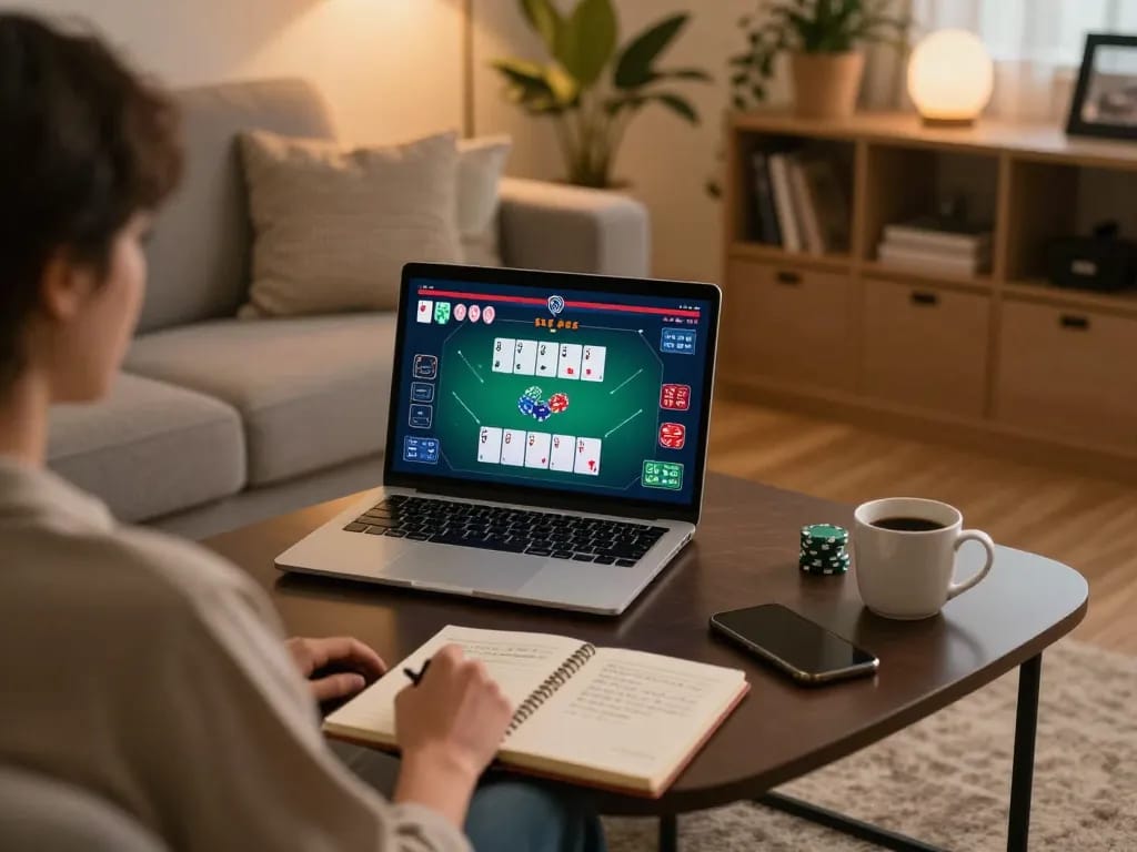 The excitement of online poker at RR99 captured as a player uses a laptop in a cozy home setting.