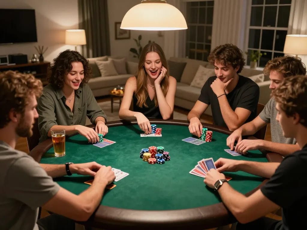 Poker night with friends at king33 table, showcasing excitement over card deals and colorful chip stacks.