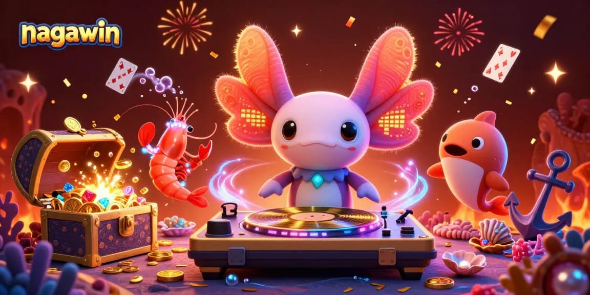 Play and win with nagawin in a vibrant underwater casino scene with lively characters and treasure.