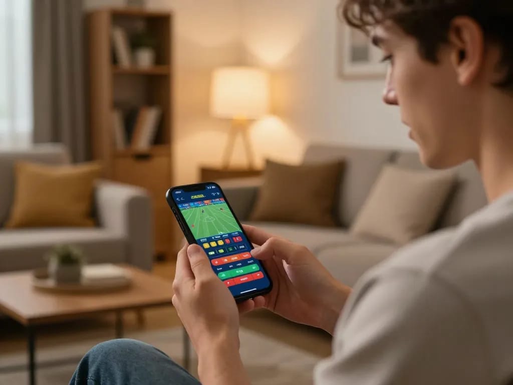 Player engaging in mobile betting with BJ88 in a comfortable home setup.