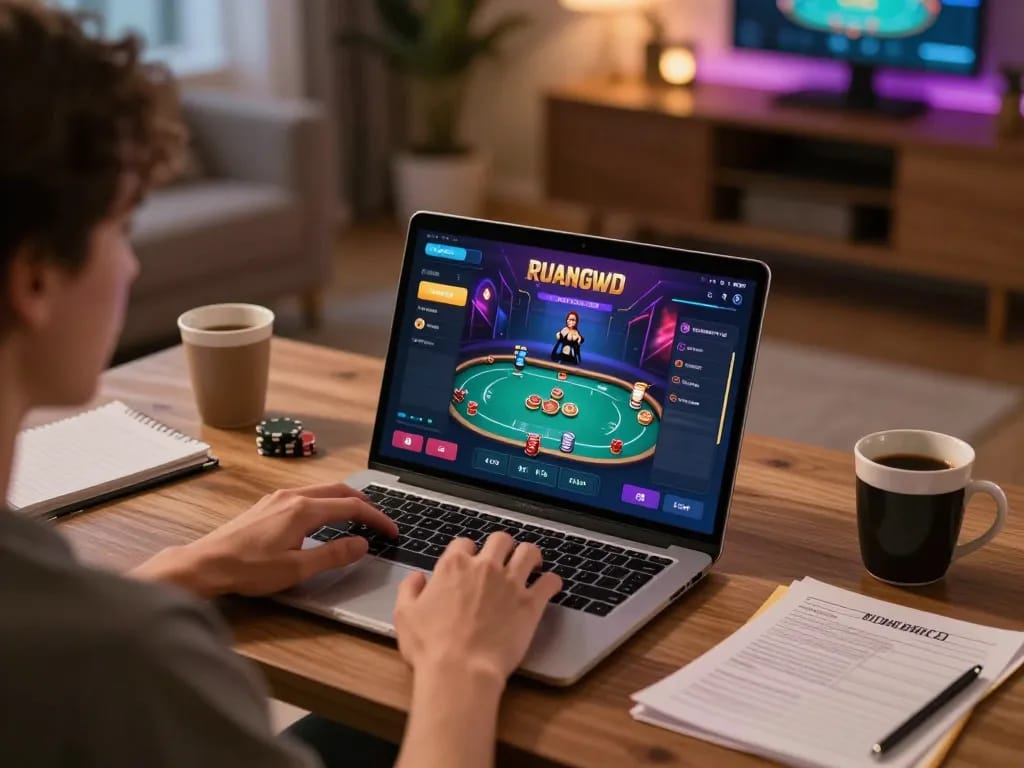 Engaging gameplay experience on RUANGWD online casino platform, with user strategizing in a cozy setting.