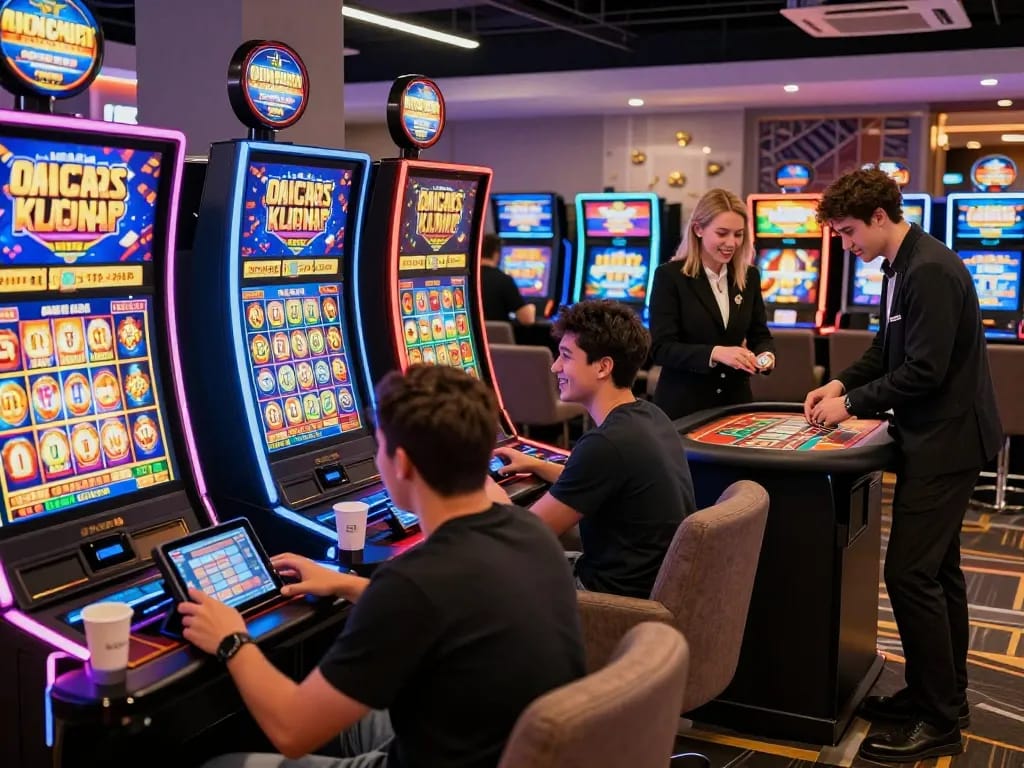 Players enjoying free credit 918kiss in an exciting online casino atmosphere with vibrant slot machines and friendly dealers.