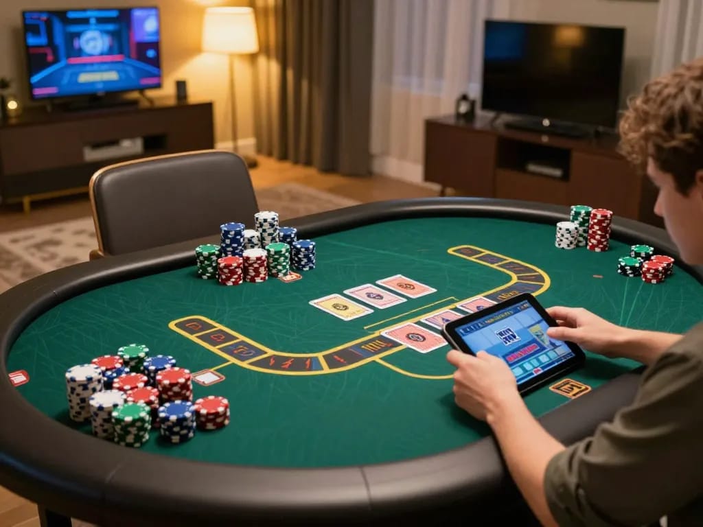 Engaging in iwin club gameplay, showing strategy and excitement on a tablet in a cozy setting