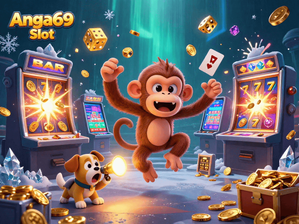 Engage with Angka69 Slot in a thrilling casino scene with a busy monkey and curious puppy exploring.