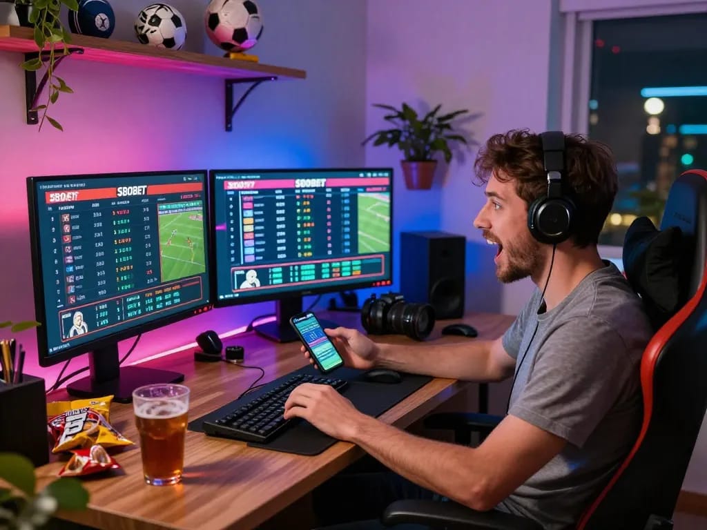 Enthusiastic sports bettor engaged with SBOBET odds at home workstation.