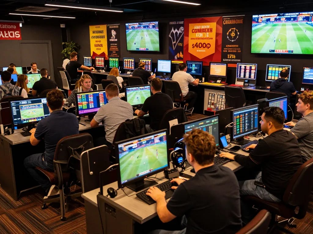 Tỷ lệ kèo bóng đá trực tuyến hôm nay displayed on screens at a vibrant sports betting event.